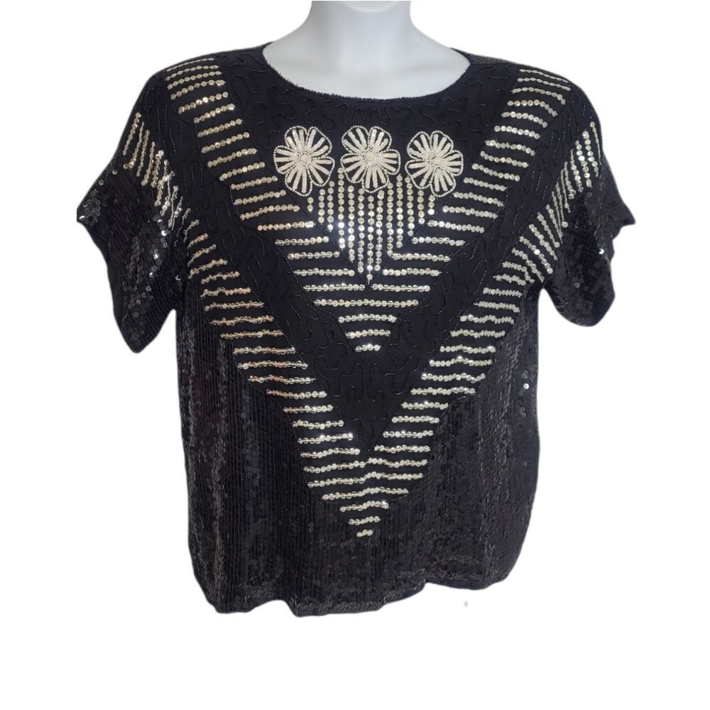 VINTAGE 80s top silk black beaded sequin‎ floral short sleeve elegant XL